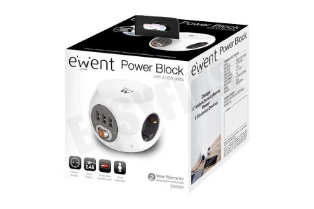 Ewent EW3939 Kubusvormige Stekkerdoos 3V, 3 USB-poorten, 1.5m