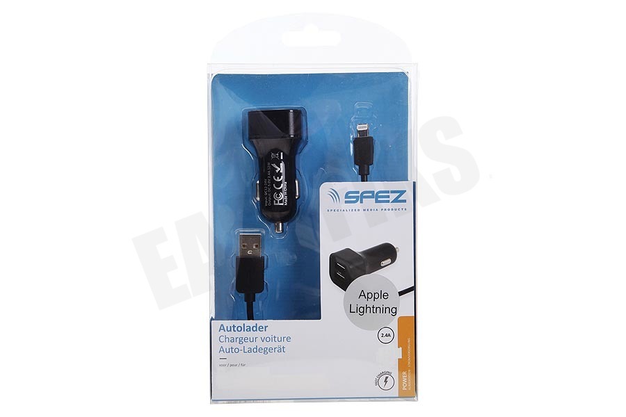 Spez Autolader Apple Lightning 2.4A Dual USB, 100cm