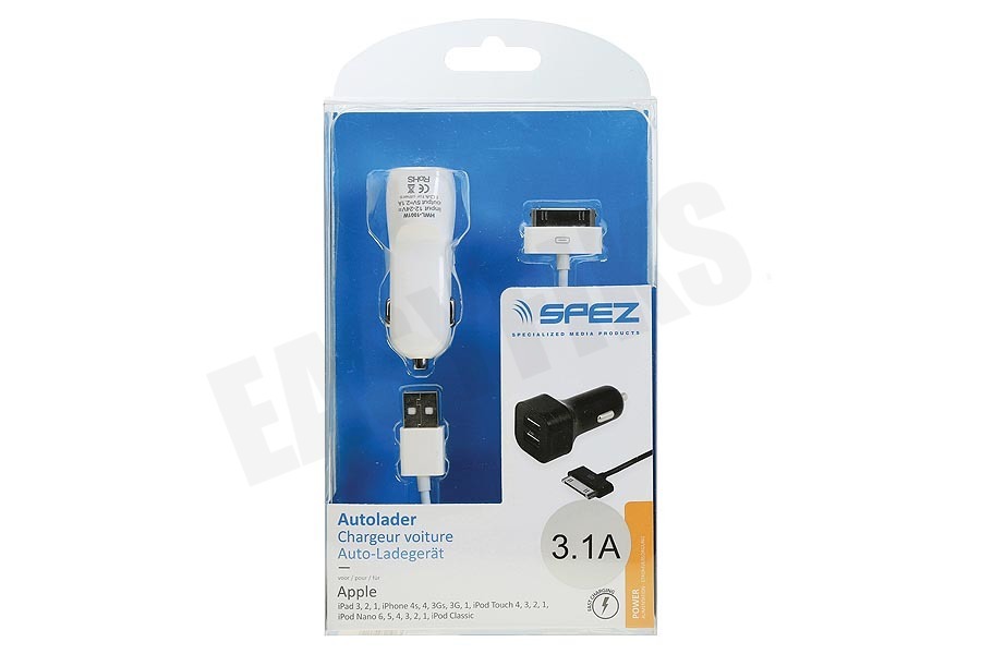 Spez Autolader Dual Poort Dock 12V. Wit, 100cm