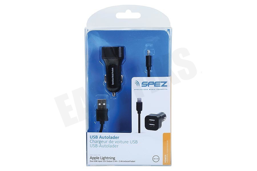 Spez Autolader Dual Poort Lightning 12V. Zwart
