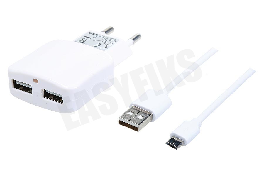 Spez Oplader Dual Poort Micro USB 220V. Wit, 100cm