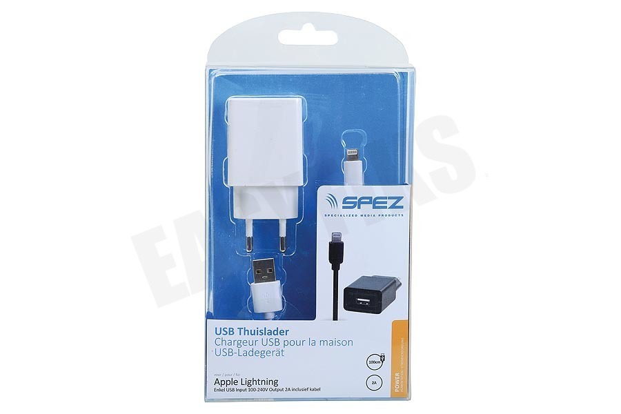 Spez Oplader Apple Lightning 2A. GS gecertificeerd door TUV, 100cm
