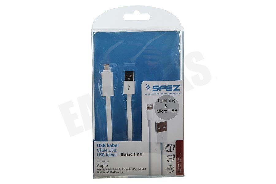 Spez USB Kabel Micro USB en Apple Lightning Connector, 100cm, Wit