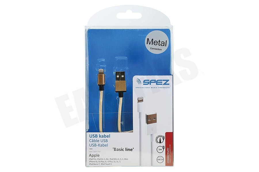 Spez USB Kabel Apple Lightning, Metal, Geel, 100cm