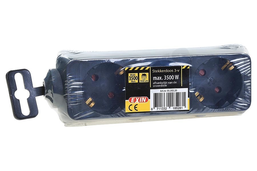 Exin Stekkerdoos 3-Voudig, Randaarde, 2500W Zwart